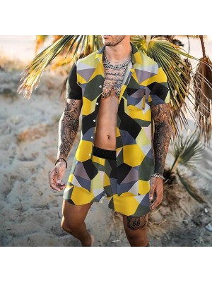 Men's Shirt Set 3D Print Geometric Graphic Prints Turndown Casual Holiday 3D Print Button-Down Short Sleeve Tops Casual Fashion Hawaiian Comfortable Yellow #8967628