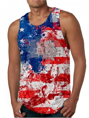 Men's Tank Top Undershirt 3D Print Tie Dye American Flag Independence Day Round Neck Daily Holiday Print Sleeveless Tops Casual Designer Big and Tall Red / Summer #8638928