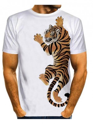 Men's Tee T shirt 3D Print Graphic 3D Tiger Plus Size Round Neck Daily Sports Print Short Sleeve Tops Casual Fashion Modern White and Yellow White and Red White / Black / Animal #8449654