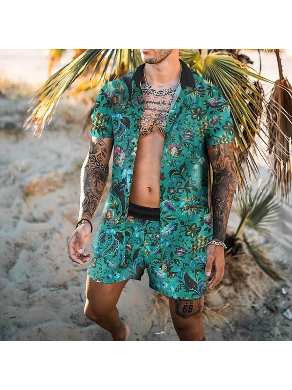 Men's Shirt Set 3D Print Floral Graphic Prints Turndown Casual Holiday 3D Print Button-Down Short Sleeve Tops Casual Fashion Hawaiian Comfortable Green #8967621