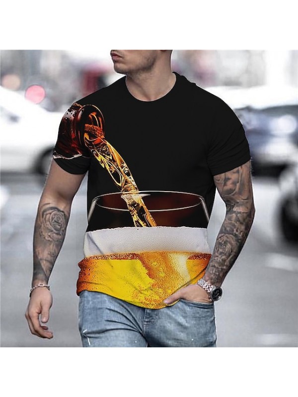 Men's Tee T shirt 3D Print Graphic 3D Beer Plus Size Round Neck Going out Weekend Short Sleeve Tops Basic Comfortable Big and Tall Black Pink Gold #7976062