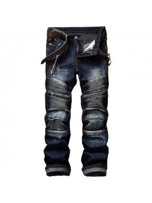 men's retro distressed zipper pleated wear-resistant jeans trousers straight pants slim fit retro style biker jeans pants #8679493