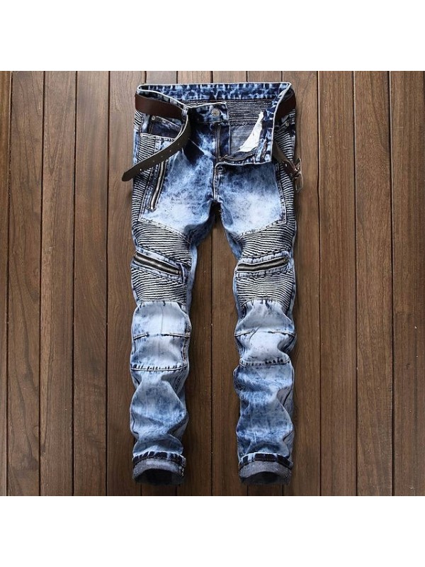 men's retro distressed zipper pleated wear-resistant jeans trousers straight pants slim fit retro style biker jeans pants #8679493