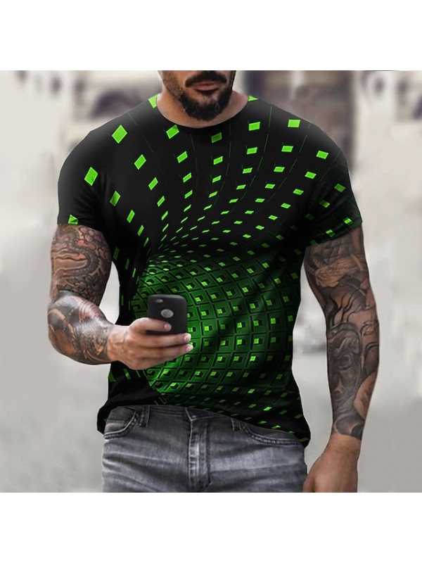 Men's Unisex Tee T shirt 3D Print Graphic Optical Illusion Plus Size Round Neck Party Casual Short Sleeve Tops Streetwear Punk & Gothic Green Blue Black / Summer #7352213