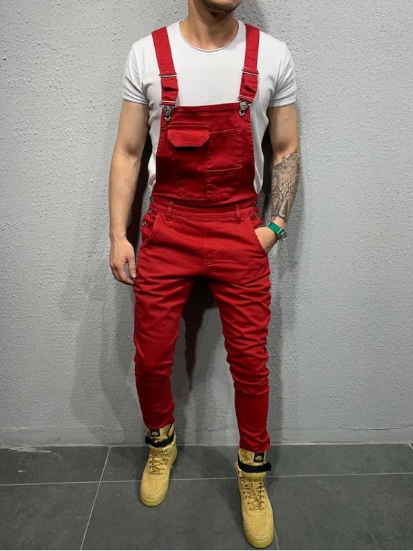 Men's Jeans Overalls Stylish Pants Streetwear Denim Pants Daily WorkWear Pants Jumpsuit Bib Overall Plain Solid Colored Pocket Wine Red Camouflage khaki Green White #8474601