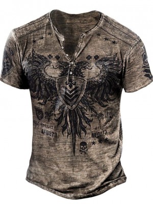 Men's Henley Shirt T shirt Graphic Skull Eagle Henley Street Casual Button-Down Print Short Sleeve Tops Basic Casual Classic Big and Tall Black / White Black / Gray Green / Summer #8966929