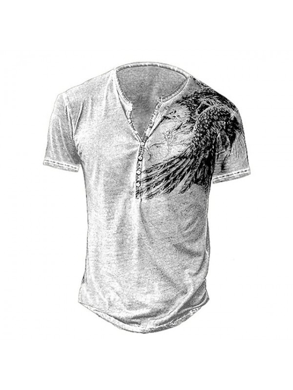 Men's Henley Shirt T shirt Graphic Prints Animal Henley Casual Daily Button-Down Print Short Sleeve Tops Lightweight Breathable Big and Tall White Gray Light gray / Summer #8995553