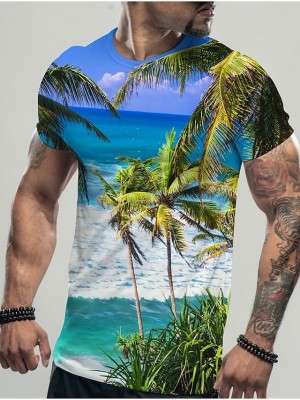 Men's T shirt 3D Print Palm Leaf Crew Neck Holiday Vacation 3D Print Short Sleeve Tops Ethnic Style Lightweight Hawaiian Slim Fit White #8981763