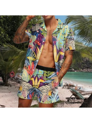 Men's Shirt Set 3D Print Plants Graphic Prints Turndown Casual Holiday 3D Print Button-Down Short Sleeve Tops Casual Fashion Hawaiian Comfortable Blue #8967031