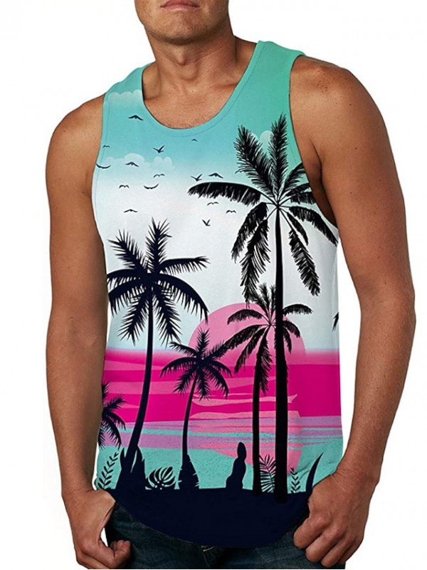 Men's Tank Top Vest Undershirt 3D Print Tree Crew Neck Daily Holiday 3D Print Sleeveless Tops Casual Beach Rainbow / Summer #8539719