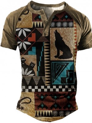 Men's Henley Shirt Tee T shirt 3D Print Graphic Wolf Henley Casual Daily Button-Down Print Short Sleeve Tops Fashion Vintage Big and Tall Military Style Brown / Summer #9018682