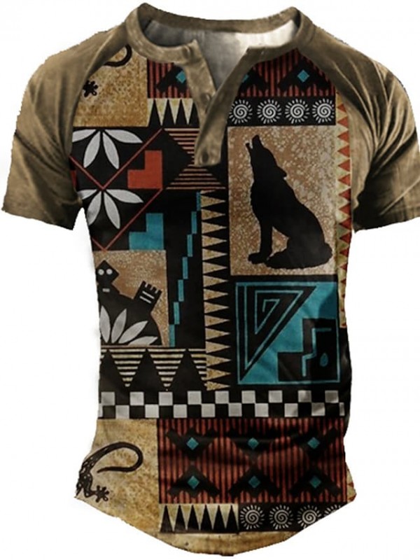 Men's Henley Shirt Tee T shirt 3D Print Graphic Wolf Henley Casual Daily Button-Down Print Short Sleeve Tops Fashion Vintage Big and Tall Military Style Brown / Summer #9018682