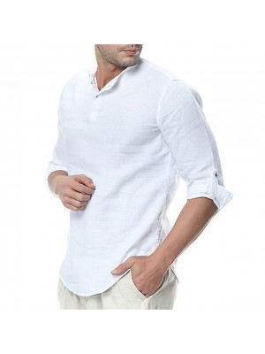 Men's Shirt Solid Color Collar Round Neck Casual Vacation Long Sleeve Tops Light Blue White Black / Fall / Winter #8130595