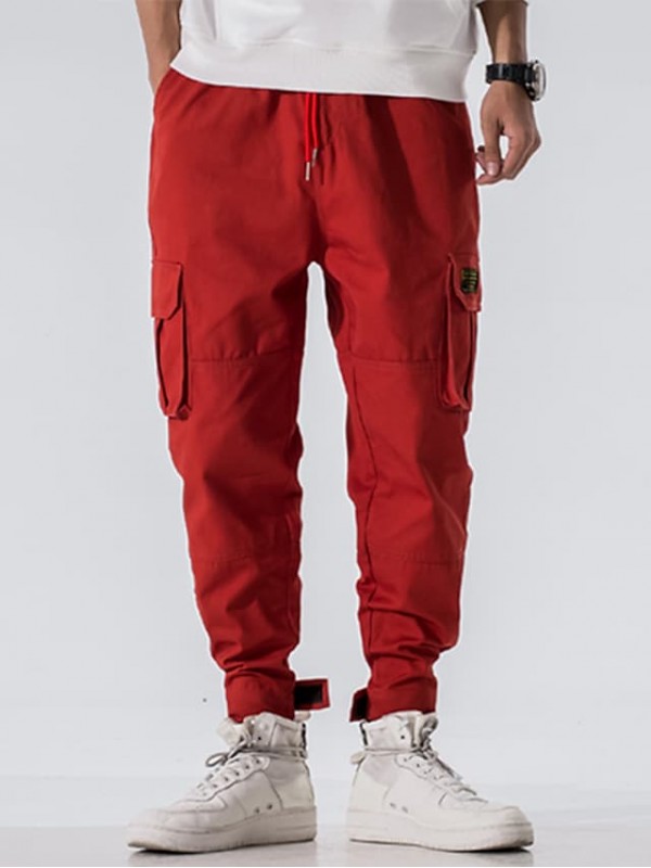 Men's Casual / Sporty Streetwear Straight Jogger Pants Drawstring Pocket Full Length Pants Casual Daily Inelastic Solid Color Comfort Outdoor Mid Waist Loose ArmyGreen Black Red M L XL XXL 3XL #8795162