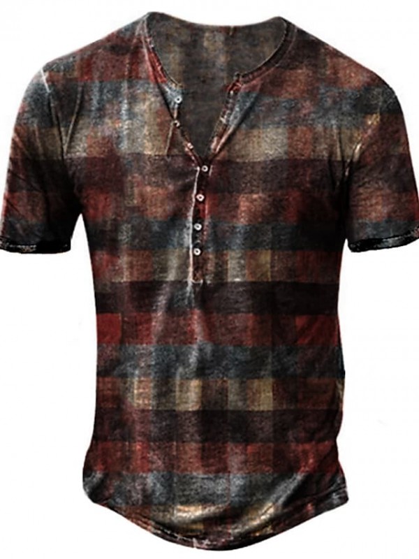 Men's Henley Shirt Tee T shirt 3D Print Graphic Tartan Plus Size Henley Casual Daily Button-Down Print Short Sleeve Tops Casual Retro Designer Military Red #9008203