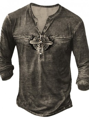 Men's Unisex Henley Shirt T shirt 3D Print Graphic Prints Wings Henley Street Daily Button-Down Print Long Sleeve Tops Basic Casual Fashion Retro Dark Gray #9018835