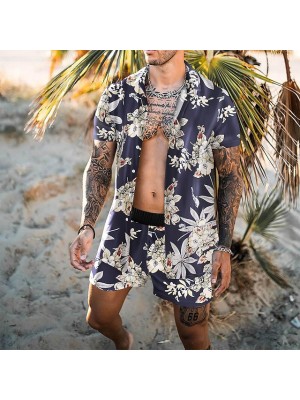 Men's Shirt Set 3D Print Floral Graphic Prints Turndown Street Casual 3D Print Button-Down Short Sleeve Tops Casual Fashion Hawaiian Comfortable Blue #8967027