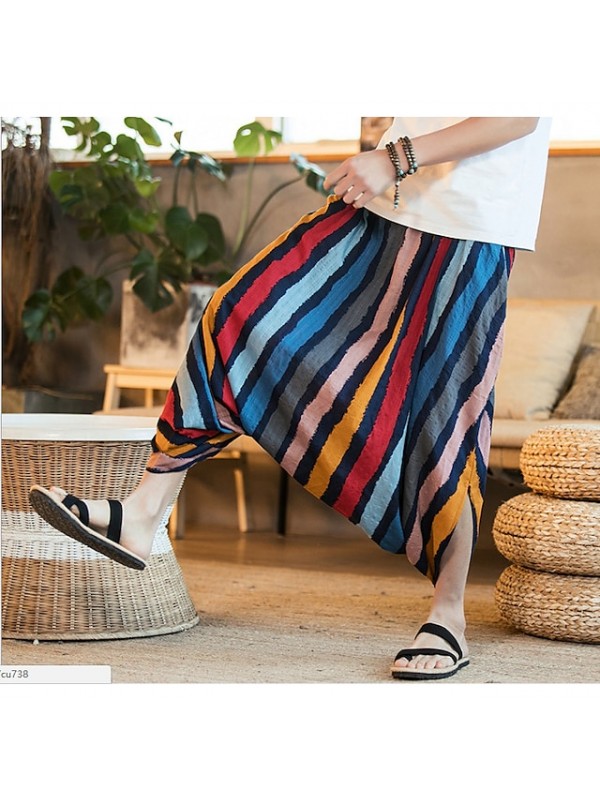 Men's Retro Vintage Streetwear Harem Baggy Elastic Drawstring Design Print Ankle-Length Pants Casual Daily Stripe Graphic Prints Comfort Soft Mid Waist Green Red S M L XL XXL #9031995