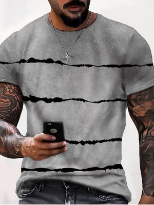 Men's Unisex Tee T shirt Shirt 3D Print Striped Graphic Prints Crew Neck Daily Holiday Print Short Sleeve Tops Casual Designer Big and Tall Gray / Summer #8763093