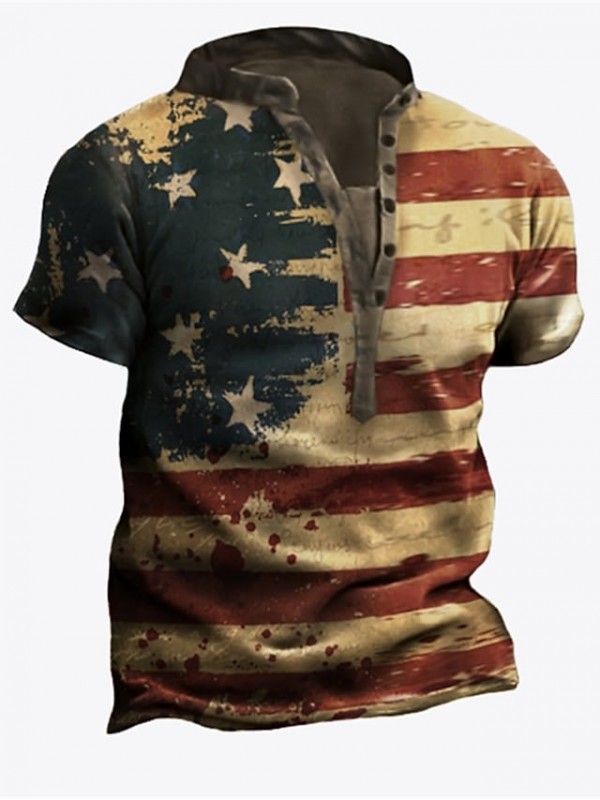 Men's Henley Shirt Tee T shirt 3D Print Graphic National Flag Henley Casual Daily Button-Down Print Short Sleeve Tops Fashion Vintage Retro Big and Tall Khaki #9018701