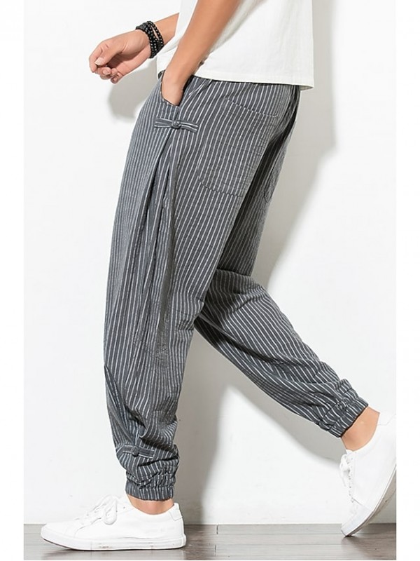 Men's Chinoiserie Sweatpants Drawstring Stripe Ankle-Length Pants Home Daily Micro-elastic Striped Cotton Blend Comfort Breathable Mid Waist Slim Black Gray White Navy Blue M L XL XXL 3XL #8172330