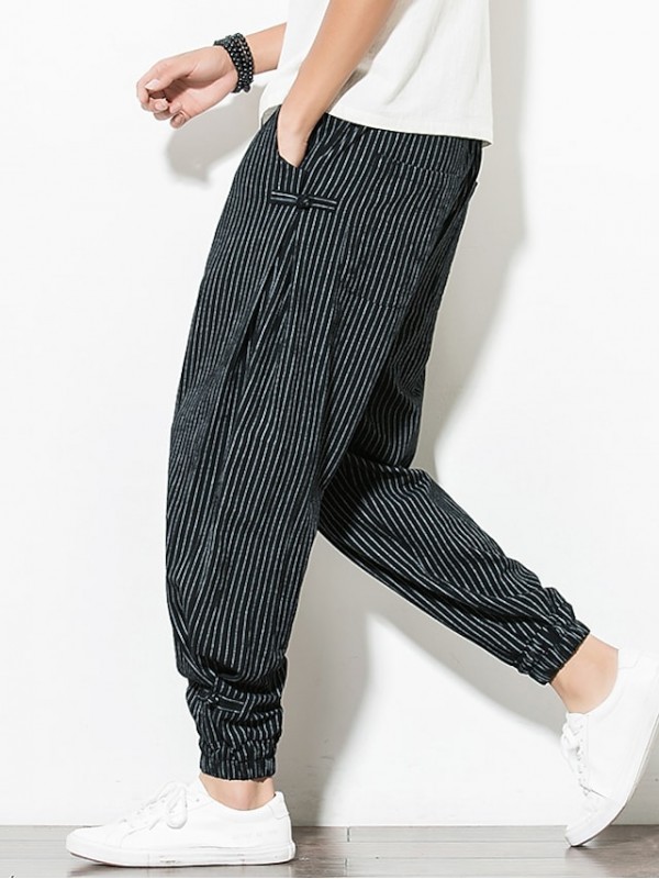 Men's Chinoiserie Sweatpants Drawstring Stripe Ankle-Length Pants Home Daily Micro-elastic Striped Cotton Blend Comfort Breathable Mid Waist Slim Black Gray White Navy Blue M L XL XXL 3XL #8172330