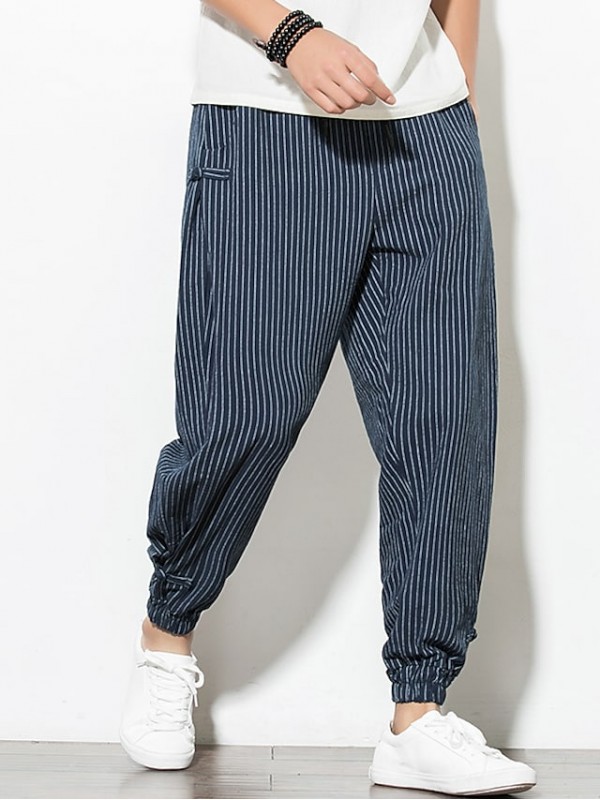 Men's Chinoiserie Sweatpants Drawstring Stripe Ankle-Length Pants Home Daily Micro-elastic Striped Cotton Blend Comfort Breathable Mid Waist Slim Black Gray White Navy Blue M L XL XXL 3XL #8172330