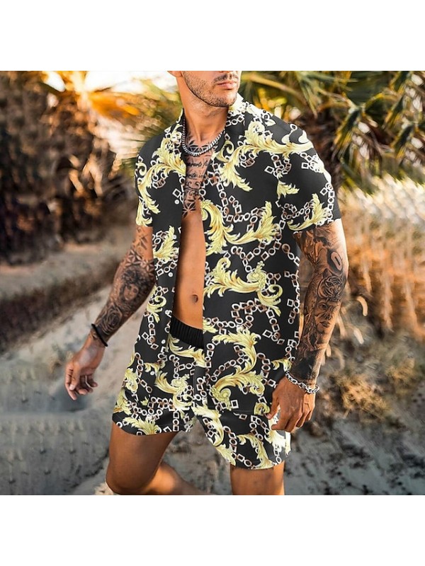 Men's Shirt Set 3D Print Floral Graphic Prints Turndown Casual Holiday 3D Print Button-Down Short Sleeve Tops Casual Fashion Hawaiian Comfortable Yellow #8967048