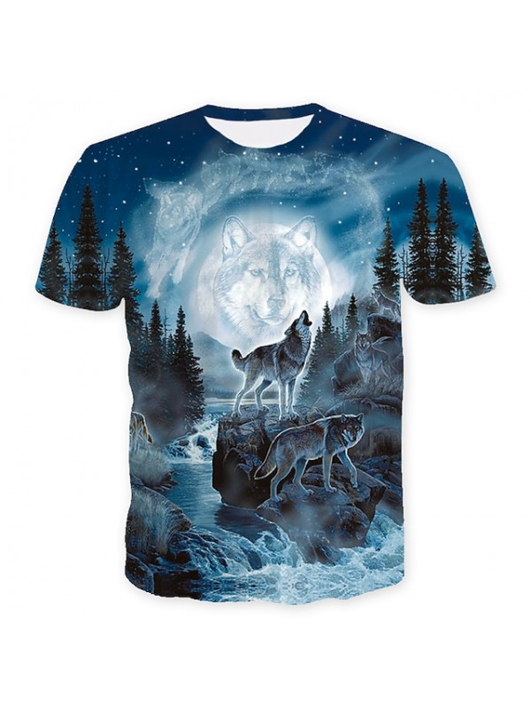 Men's Hipster Wolf 3d Printed T-shirt Printing Short Sleeve Fashion Summer Tee (blue, 2xl) 3D Animal Plus Size Round Neck Daily Holiday Tops #8624993