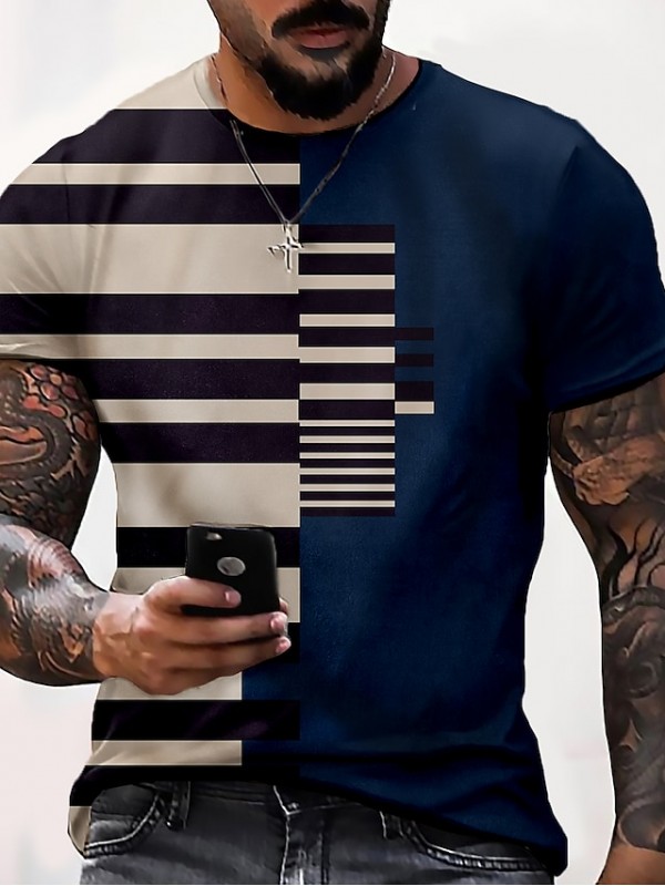 Men's Tee T shirt 3D Print Striped Graphic Prints Round Neck Daily Holiday Print Short Sleeve Tops Casual Designer Big and Tall Blue Black Red / Summer #8661942