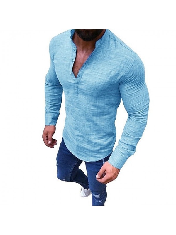 Men's Shirt Solid Color Collar Daily Short Sleeve Tops Casual Fashion Breathable Henley Light Blue White Black #8624535