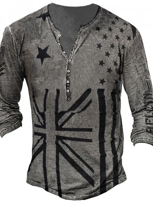 Men's Unisex Henley Shirt T shirt 3D Print Graphic Prints National Flag Henley Street Daily Button-Down Print Long Sleeve Tops Basic Casual Fashion Retro Gray #9018859