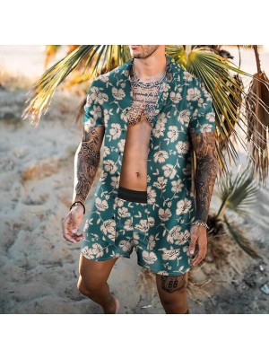 Men's Shirt Set 3D Print Floral Graphic Prints Turndown Casual Holiday 3D Print Button-Down Short Sleeve Tops Casual Fashion Hawaiian Comfortable Green #8967545