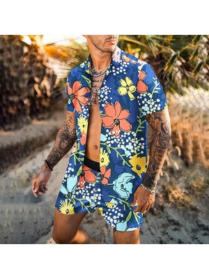 Men's Shirt Set 3D Print Floral Graphic Prints Turndown Casual Holiday 3D Print Button-Down Short Sleeve Tops Casual Fashion Hawaiian Comfortable Blue #8967084