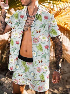 Men's Shirt Set 3D Print Floral Butterfly Turndown Casual Holiday 3D Print Button-Down Short Sleeve Tops Casual Fashion Hawaiian Comfortable Light Green #8967491