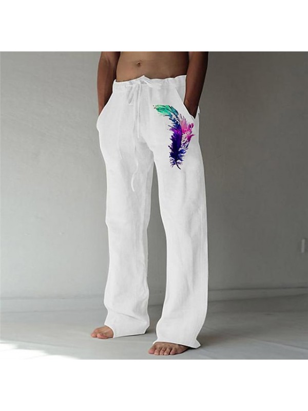 Men's Fashion Designer Straight Trousers Elastic Drawstring Design Front Pocket Print Pants Casual Daily Graphic Prints Feather Soft Outdoor Mid Waist White Apricot M L XL XXL 3XL #9005873