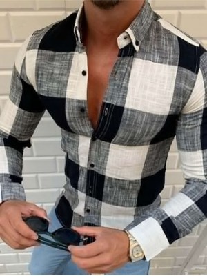 Men's Shirt Checkered Turndown Casual Daily Button-Down Long Sleeve Tops Cotton Casual Fashion Breathable Comfortable Black Red Navy Blue #8623420