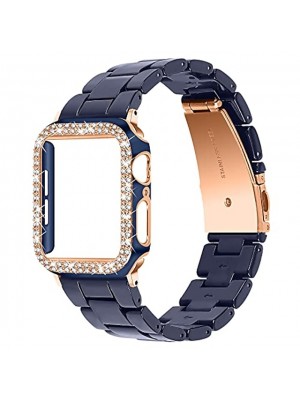 compatible with apple watch 44mm resin band with bling case cover series se 6 5 4,glitter diamond bumper case with light shockproof resin strap bands for apple watch 44mm [dark blue+rose gold] #8884165