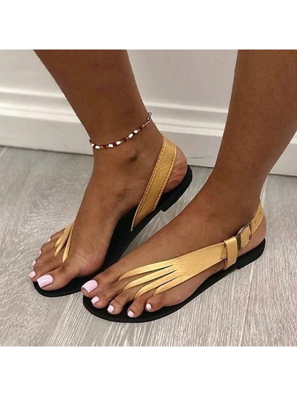 Women's Sandals Boho Bohemia Beach Flat Sandals Flat Heel Round Toe PU Ankle Strap Summer Solid Colored White Black Gold #8724009