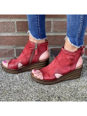 Women's Sandals Wedge Sandals Booties Ankle Boots Lace-up Wedge Heel Peep Toe PU Zipper Solid Colored Light Brown Green Black / Booties / Ankle Boots #8635348