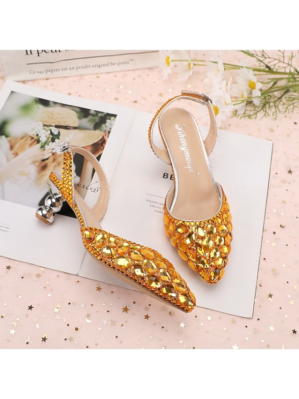 Women's Wedding Shoes Wedding Sandals Bridesmaid Shoes Crystal Buckle Stiletto Heel Pointed Toe Luxurious Party Wedding PU Ankle Strap Solid Colored Color Block Light Purple Green Purple #8858041