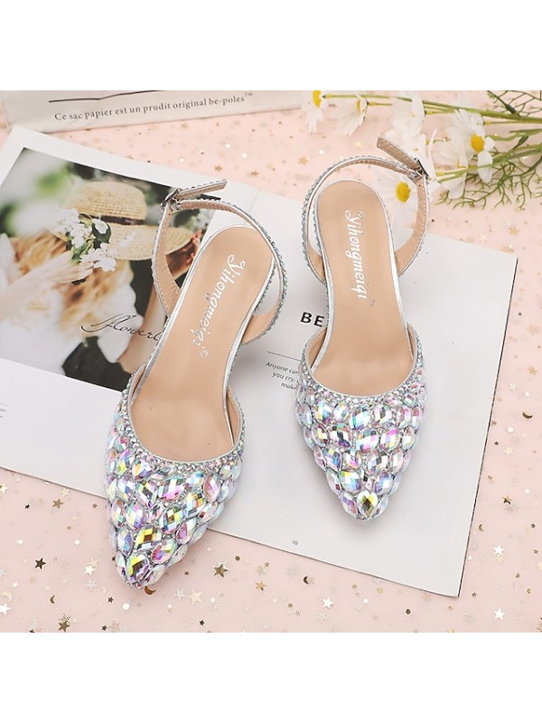 Women's Wedding Shoes Wedding Sandals Bridesmaid Shoes Crystal Buckle Stiletto Heel Pointed Toe Luxurious Party Wedding PU Ankle Strap Solid Colored Color Block Light Purple Green Purple #8858041