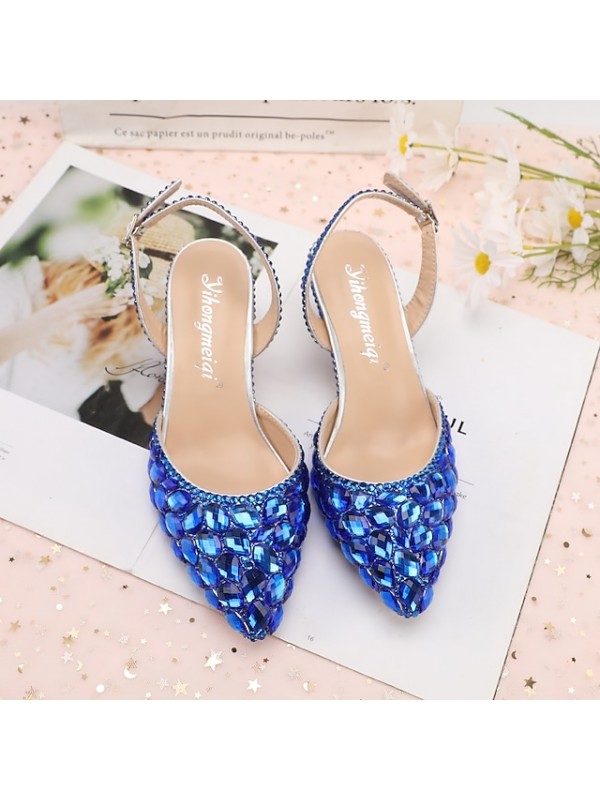 Women's Wedding Shoes Wedding Sandals Bridesmaid Shoes Crystal Buckle Stiletto Heel Pointed Toe Luxurious Party Wedding PU Ankle Strap Solid Colored Color Block Light Purple Green Purple #8858041