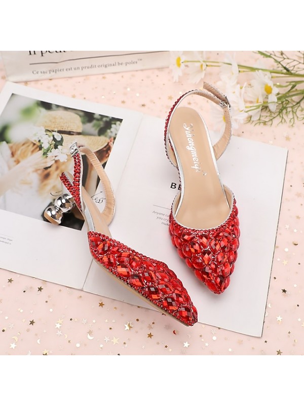 Women's Wedding Shoes Wedding Sandals Bridesmaid Shoes Crystal Buckle Stiletto Heel Pointed Toe Luxurious Party Wedding PU Ankle Strap Solid Colored Color Block Light Purple Green Purple #8858041