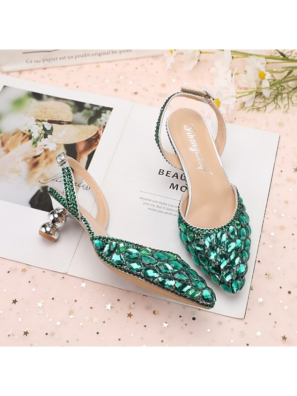 Women's Wedding Shoes Wedding Sandals Bridesmaid Shoes Crystal Buckle Stiletto Heel Pointed Toe Luxurious Party Wedding PU Ankle Strap Solid Colored Color Block Light Purple Green Purple #8858041