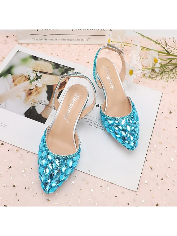 Women's Wedding Shoes Wedding Sandals Bridesmaid Shoes Crystal Buckle Stiletto Heel Pointed Toe Luxurious Party Wedding PU Ankle Strap Solid Colored Color Block Light Purple Green Purple #8858041