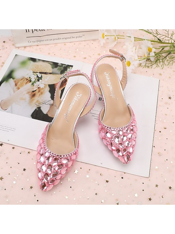 Women's Wedding Shoes Wedding Sandals Bridesmaid Shoes Crystal Buckle Stiletto Heel Pointed Toe Luxurious Party Wedding PU Ankle Strap Solid Colored Color Block Light Purple Green Purple #8858041