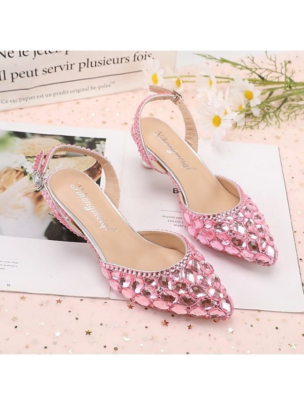 Women's Wedding Shoes Wedding Sandals Bridesmaid Shoes Crystal Buckle Stiletto Heel Pointed Toe Luxurious Party Wedding PU Ankle Strap Solid Colored Color Block Light Purple Green Purple #8858041