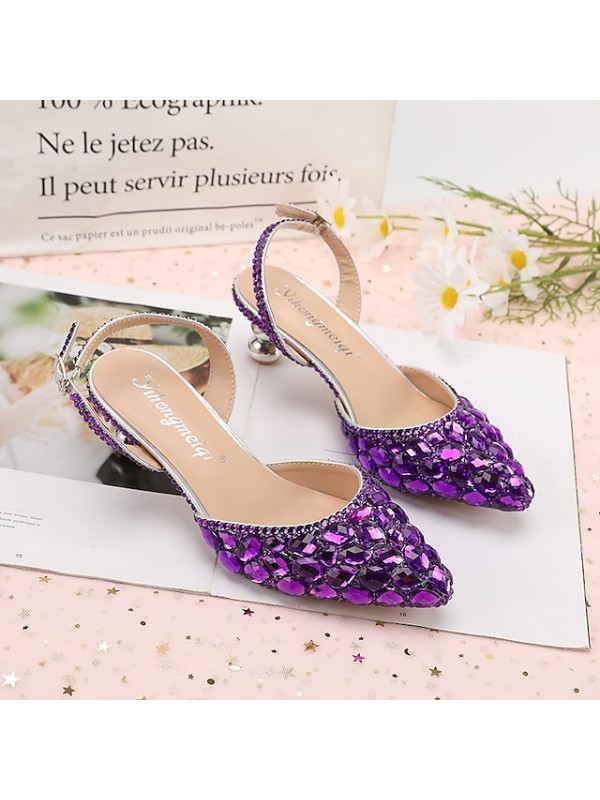 Women's Wedding Shoes Wedding Sandals Bridesmaid Shoes Crystal Buckle Stiletto Heel Pointed Toe Luxurious Party Wedding PU Ankle Strap Solid Colored Color Block Light Purple Green Purple #8858041