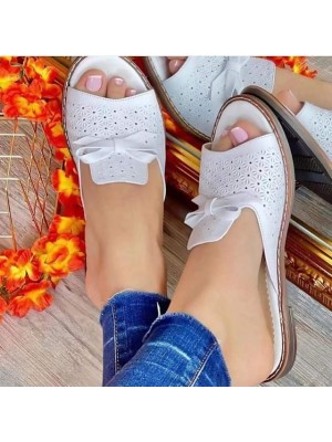 Women's Slippers Bowknot Flower Flat Heel Round Toe Daily PU Leather Loafer Spring Summer Solid Colored White Pink Gold #8936038